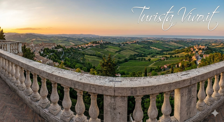 Vista panoramica al tramonto dalla terrazza di Cingoli, nota come il "Balcone delle Marche", con le colline che degradano verso il mare Adriatico. Logo Turista Vivo.it in alto a destra.