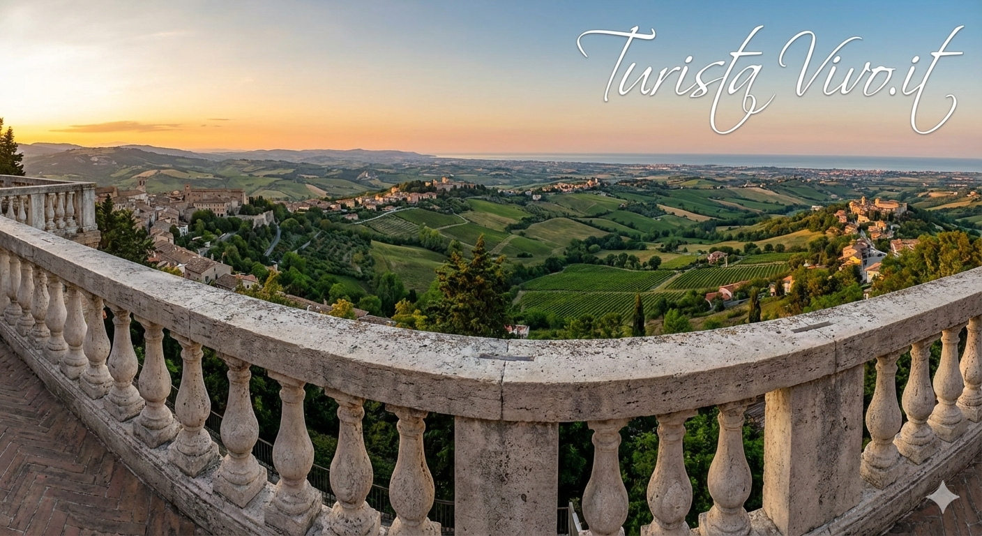 Vista panoramica al tramonto dalla terrazza di Cingoli, nota come il "Balcone delle Marche", con le colline che degradano verso il mare Adriatico. Logo Turista Vivo.it in alto a destra.