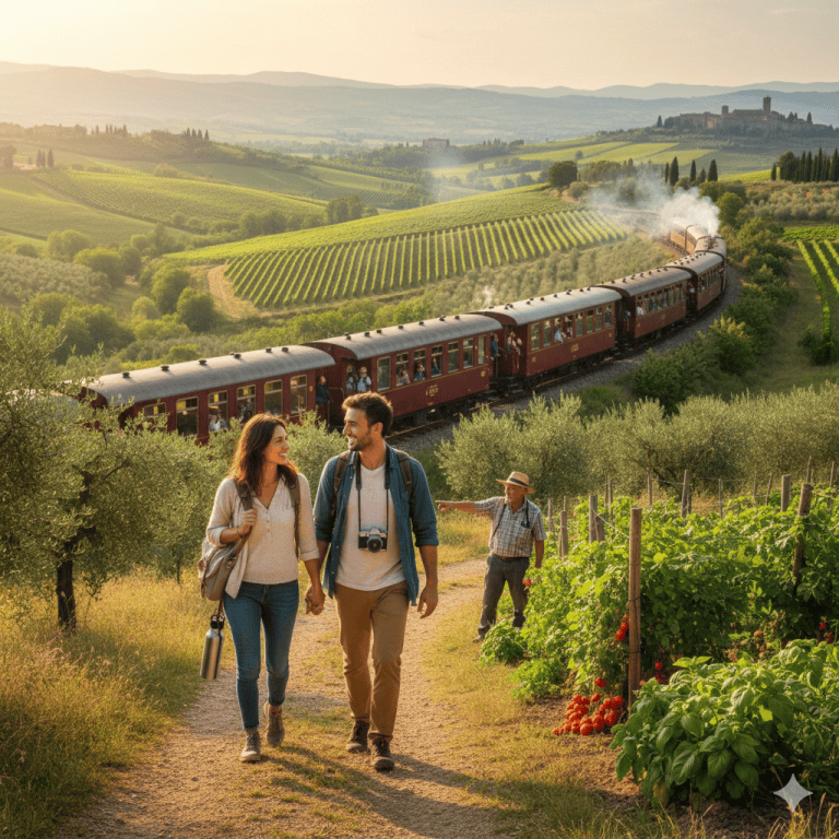 Coppia che vive esperienze slow in Italia 2026 camminando accanto a un treno storico