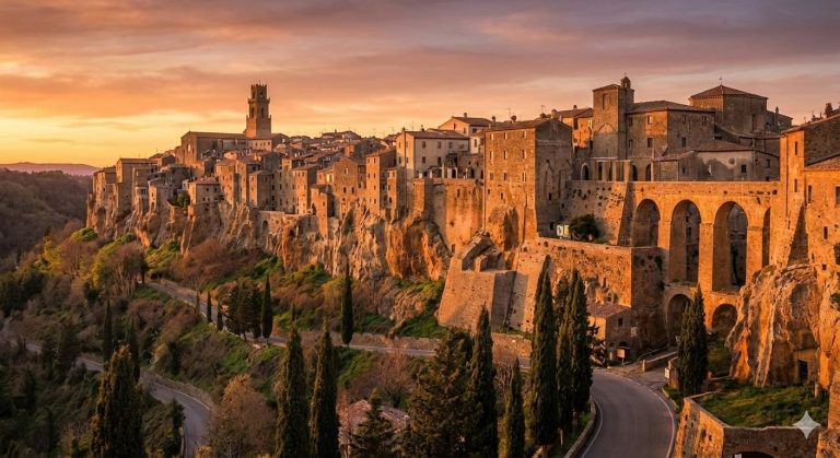 Panorama al tramonto del borgo medievale di Pitigliano, la città del tufo in Toscana, con l'Acquedotto Mediceo visibile.