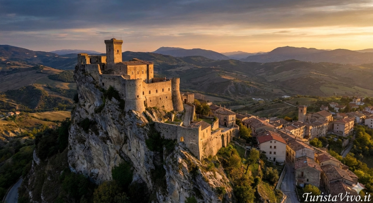 Il Castello di Roccascalegna arroccato sulla roccia in Abruzzo al tramonto